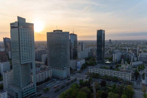 Panoramic view of modern skyscrapers and business centers in Warsaw. View of the city center from above. Warsaw, Poland, 30 June 2023