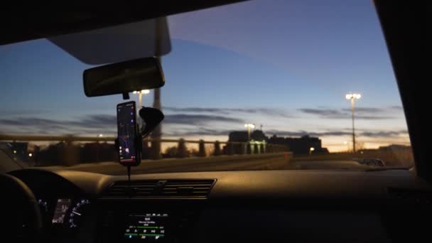 Controls Night Car Navigator Course Traffic City — Stock Video