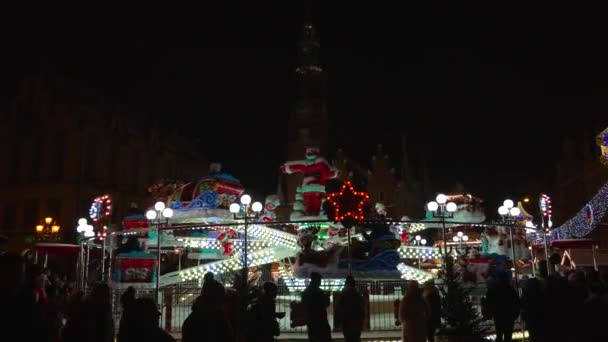 Navidad Decoraciones Carrusel Paseo Luces Brillantes Año Nuevo Wroclaw Polonia — Vídeos de Stock