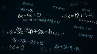 Matematik ve fizik formülleri ekrandan geçer ve uzaklaşır. Matematik denklemlerinin animasyonu. Pleksus formüllerinin hızlı hareketi. Bilim, teknoloji, genetik biyoloji, biyoteknoloji, kimya, bilim.