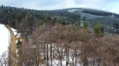 Taunus - Hesse, Almanya 'da bir dağ kozalaklı ormanın insansız hava aracından görülen bir dağ sırasıdır..