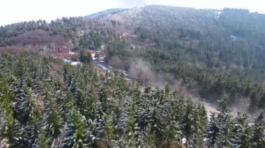 Taunus - Hesse, Almanya 'da bir dağ kozalaklı ormanın insansız hava aracından görülen bir dağ sırasıdır..