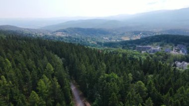 Yaz Saastal Saas-Fee İsviçre hava aracı dağ dronu karaçam ormanı kozalaklı üst bulutlar İsviçre Alpleri dağ zirveleri vadi drone hareketi
