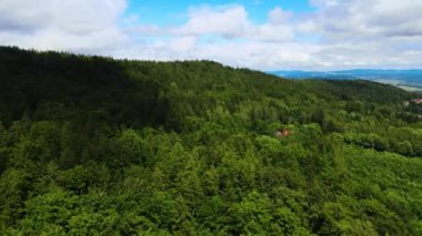 Yaz Saastal Saas-Fee İsviçre hava aracı dağ dronu karaçam ormanı kozalaklı üst bulutlar İsviçre Alpleri dağ zirveleri vadi drone hareketi