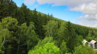 Yaz Saastal Saas-Fee İsviçre hava aracı dağ dronu karaçam ormanı kozalaklı üst bulutlar İsviçre Alpleri dağ zirveleri vadi drone hareketi