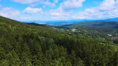 Yaz Saastal Saas-Fee İsviçre hava aracı dağ dronu karaçam ormanı kozalaklı üst bulutlar İsviçre Alpleri dağ zirveleri vadi drone hareketi