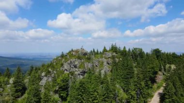 Yükselen kaya oluşumları, Almanya 'daki Sakson İsviçre Dağları' nda açık bir gökyüzünün altında yemyeşil bir ormanın ortasında duruyor..