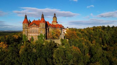Drone Walbrzych Polonya 'dan Ksiaz Şatosu Sonbahar Görünümü