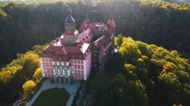 Drone Walbrzych Polonya 'dan Ksiaz Şatosu Sonbahar Görünümü