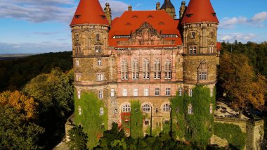 Drone Walbrzych Polonya 'dan Ksiaz Şatosu Sonbahar Görünümü