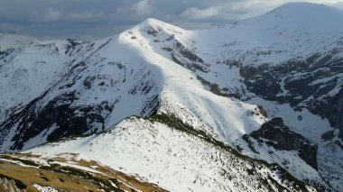 Zakopane Polonya 'dan karlı dağ zirvesi, buzul manzaralı.