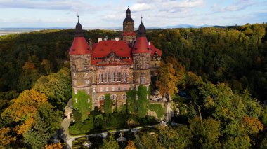 Drone Walbrzych Polonya 'dan Ksiaz Şatosu Sonbahar Görünümü