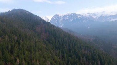 Polonya 'nın Zakopane kenti dağ sırasındaki insansız hava aracı şehrin yakınlarında kış karı görüyor