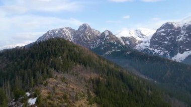 Polonya 'nın Zakopane kenti dağ sırasındaki insansız hava aracı şehrin yakınlarında kış karı görüyor