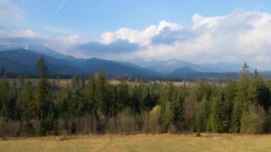 Polonya 'nın Zakopane kenti dağ sırasındaki insansız hava aracı şehrin yakınlarında kış karı görüyor