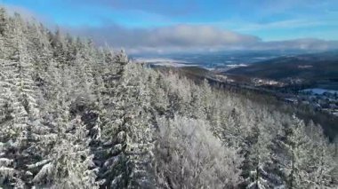 Kış manzarası dağları orman dronu mavi gökyüzünden uçuyor