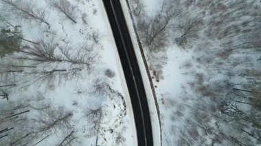 Dağlar yolu dağ tatil köyü manzarası İHA ormanı kış karının yanından geçecek