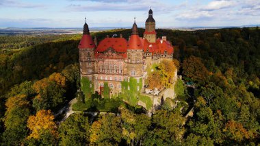 Drone Walbrzych Polonya 'dan Ksiaz Şatosu Sonbahar Görünümü