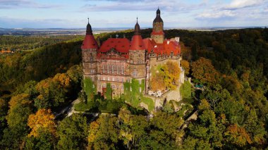 Drone Walbrzych Polonya 'dan Ksiaz Şatosu Sonbahar Görünümü