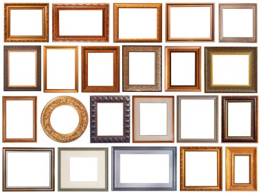 Beyaz arka planda izole edilmiş resim çerçeveleri oyulmuş antika altın