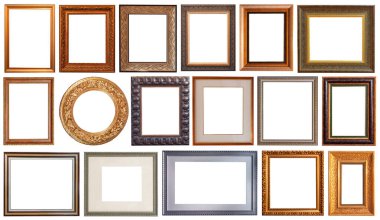 Beyaz arka planda izole edilmiş resim çerçeveleri oyulmuş antika altın