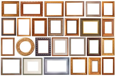 Beyaz arka planda izole edilmiş resim çerçeveleri oyulmuş antika altın