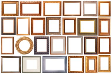 Beyaz arka planda izole edilmiş resim çerçeveleri oyulmuş antika altın