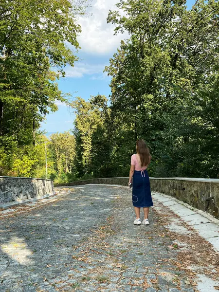 Yeşil çimenler, ağaçlar, yürüyüş yolları ve dışarıda yürüyen insanlarla dolu sessiz bir park..