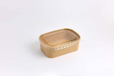 A rectangular disposable food container made from kraft paper, with a clear plastic lid clipart