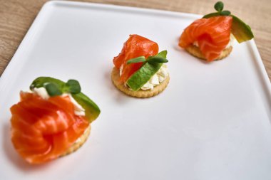 Krem peynirle kaplı ısırık büyüklüğünde krakerler, füme somon balığı ve taze otlar..