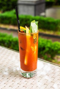 Kanlı Mary Kokteyli 'ni dışarıda servis edilen kereviz çubuğuyla süslemek Güneş Işığı Şenliği İçeceği Kavramını yakalamak