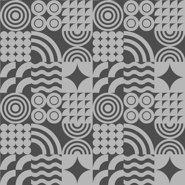 Siyah arkaplanda basit gri geometrik elementlerin kusursuz deseni. Grafik tasarımı, yazdırma ve dekorasyon için Bauhaus stili yüzey tasarımı.