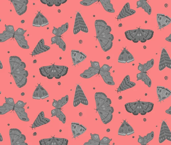 Gri güvelerin kusursuz deseni ve pembe arka plana dağılmış karalama noktaları. Kağıt ve tekstil için gerçekçi kelebek el çizimi.