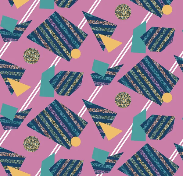 Parlak pembe arkaplan üzerinde mavi kesilmiş parçaların patchwork tekrarları; moda tasarımı için dinamik vintage kolaj vektör baskısı