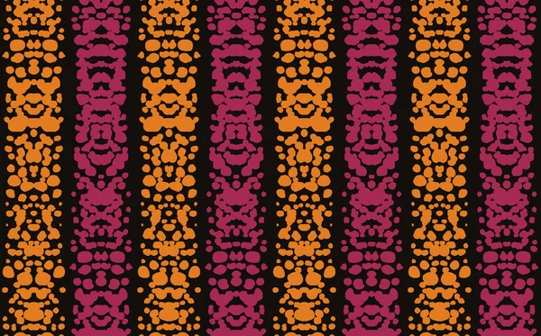 Röschach mürekkep lekesi desenli turuncu ve pembe dikey çizgilerin etniksiz deseni; soyut dantelin renkli Afrika geometrik vektör arkaplanı