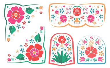 Mexican embroidery style flower frames and ribbons.