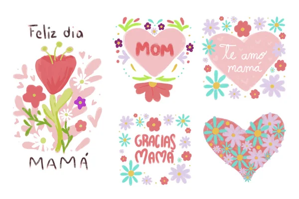 Anneler Günü Çizimleri Çiçekli Kalpli Tasarımlar Mutlu Günler Teşekkürler Anne — Stok Vektör