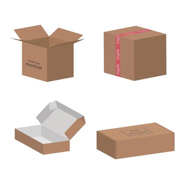 Cardboard Box Mockup Isolated White Background Shipping Box Layout Vector — Stock Vector