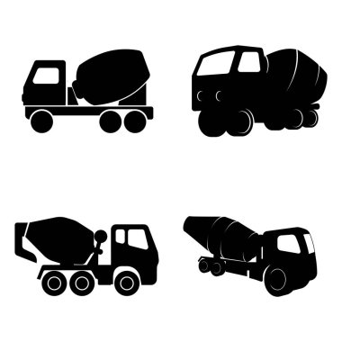 Beton bir mikser kamyonunun saf siyah silueti beyaz bir arka plan üzerine kuruludur.