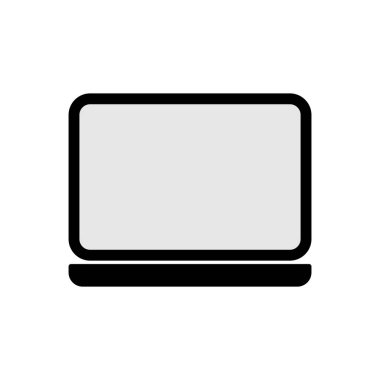 Beyaz ekran ve iz sürücüsü olan siyah bir dizüstü bilgisayarın basit bir simgesi, düz beyaz arkaplan üzerine kurulmuş..