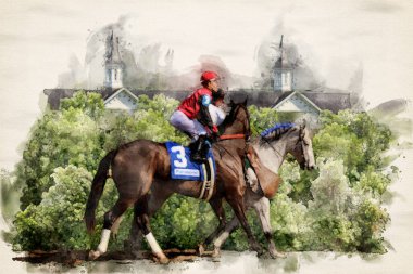 Louisville, KY 'deki Churchill Downs' da toprak yolda yarışan önde gelen üç numaralı yarış atının dijital suluboya tablosu.