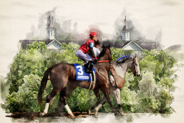 Digital Watercolor Painting of outrider leading racehorse contender number 3 on dirt track at Churchill Downs in Louisville, KY with twin spires in the background