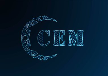 Düşük yalan makinesi logosu CEM tasarımı. Mavi renk gradyan arkaplan üzerinde CEM harfi logosu düşük polivektör tasarımı. CEM logosu düşük poli tasarımı