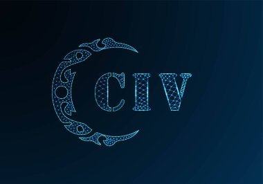 Düşük poli harfli CIV logosu tasarımı. Mavi renk gradyan arkaplan üzerinde CIV harfi logosu düşük poli vektör tasarımı. CIV logosu düşük poli tasarımı