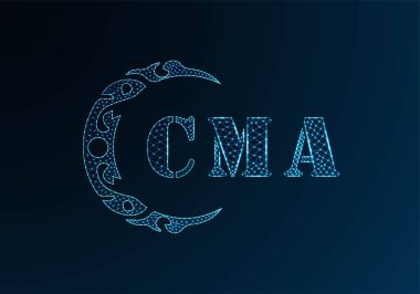 Düşük polyester harfli logo CMA tasarımı. Mavi renk gradyan arkaplan üzerinde CMA harfi logosu düşük poli vektör tasarımı. CMA logosu düşük poli tasarımı