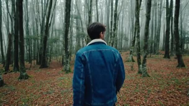 Jongen Met Blauwe Jeans Jas Wandelingen Herfst Bos Met Mist — Stockvideo