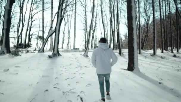 Menino Andando Montanha Neve Com Árvore Inverno — Vídeo de Stock