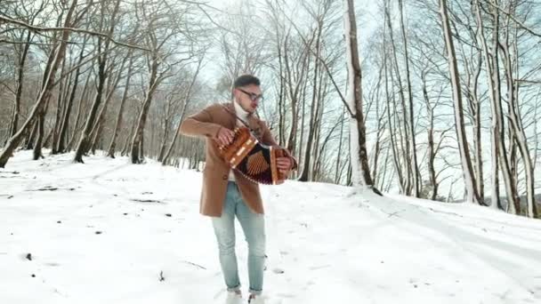 Çocuk Tipik Calabria Enstrümanı Akordeon Müzik Tarantellasını Karla Birlikte Dağda — Stok video