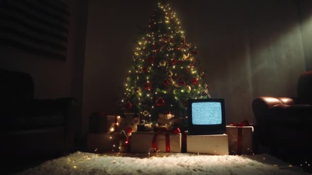 Χριστουγεννιάτικο Δέντρο Ένα Σπίτι Καναπέδες Και Λευκό Χαλί — Αρχείο Βίντεο