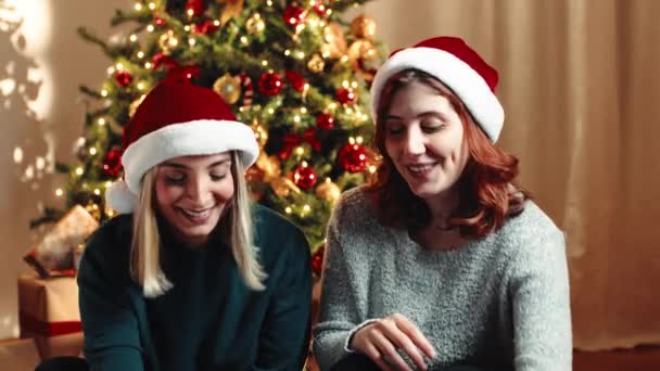 Twee Meisjes Eten Kerstmis Zoete Italiaanse Panettone Tegen Boom — Stockvideo